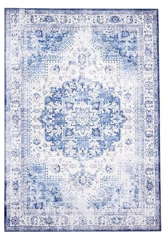 FRAAI | Home & Living Vintage Teppich - Lago Blau - 140x200 cm | Baumwolle, Polyester - Flachgewebe - Vintage - Klassik, Orientalisch - Wohnzimmer, Esszimmer, Schlafzimmer