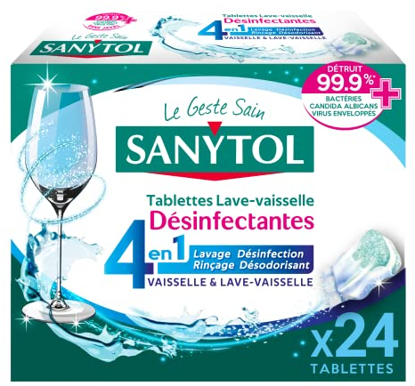 Sanytol -Tablettes Lave-Vaisselle 4 en 1 Désinfectantes - 24 Tablettes - Lavage, Désinfection, Rinçage, Désodorisant - Bactéricide, Virucide, Levuricide
