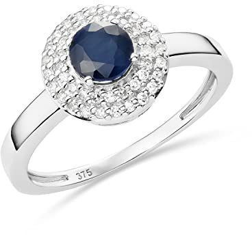 MIORE Schmuck Damen 0.17 Ct Diamant Verlobungsring mit Edelstein Geburtsstein natürlicher runder blauer Saphir umgeben von 44 Pavé Diamant Brillanten zweireihiger Diamantring aus Weißgold 9 Karat 380