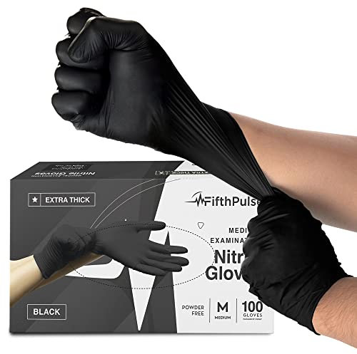 FifthPulse Disposable Black Nitrile Gloves Medium 100 Count - Extra Thick 4.5 Mil - Powder and Latex Free Rubber Glove - Surgical Medical Exam Gloves - Food Safe Cooking Glove