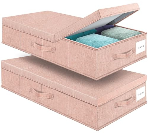Supowin förvaringsbehållare för undersäng med lock (set med 2) stor förvaringslåda under sängen med handtag, filtar, kuddar – rosa
