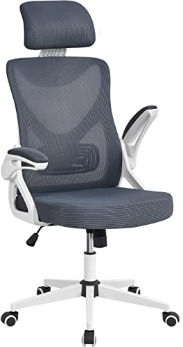 Yaheetech Bürostuhl Ergonomisch, Schreibtischstuhl mit Hochklappbaren Armlehnen, Drehstuhl mit Rückenlehne und Verstellbarer Kopfstütze, Chefsessel Wippfunktion, bis 136 kg Belastbar Weiß/Grau
