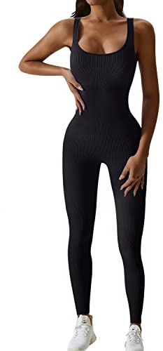 JN JANPRINT Yoga Jumpsuit for Women Workout Gym Seamless Ribbed One Piece Square Neck Tummy Control Padded Sport Bra Jumpsuits
