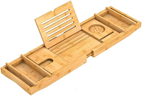 Aggloz | Luxury Bath Caddy | Extendable Bath Tray for Bathtub | Wine Glass, Book, iPad & Phone holders | Adjustable Bath Table Shelf over Tub with Bathroom Accessories | Spa Experience | Natural