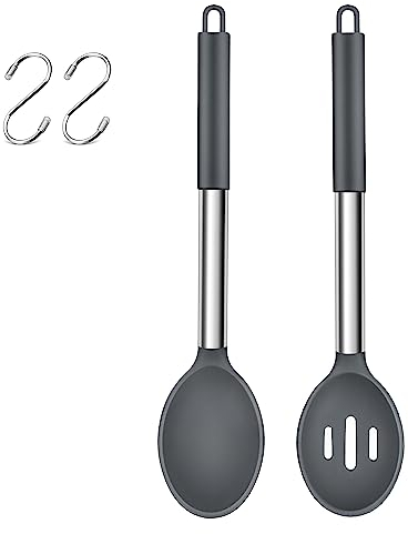 Herogo Silikon-Kochlöffel 2er-Set, Edelstahl-Schlitzlöffel & Fester Löffel zum Mischen, Servieren, Abtropfen, Hitzebeständig & Antihaftbeschichtet, SpÜLmaschinenfest (Grau)
