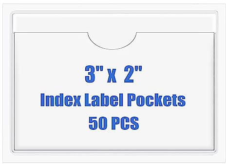 Origin-Joy 50 PCS Self-Adhesive Index Label Pockets, Clear Plastic Peel & Stick Card Holders with Top Open for Loading (3 x 2 inch)