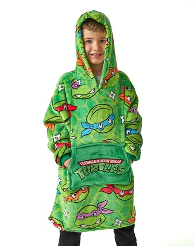 TEENAGE MUTANT NINJA Turtles Boys Wearable Blanket | Kids Green All Over Print Fleece Hoodie | Warm & Cosy Heavyweight Snuggle Hooded Pullover | Classic Cartoon Loungewear Gift for Children