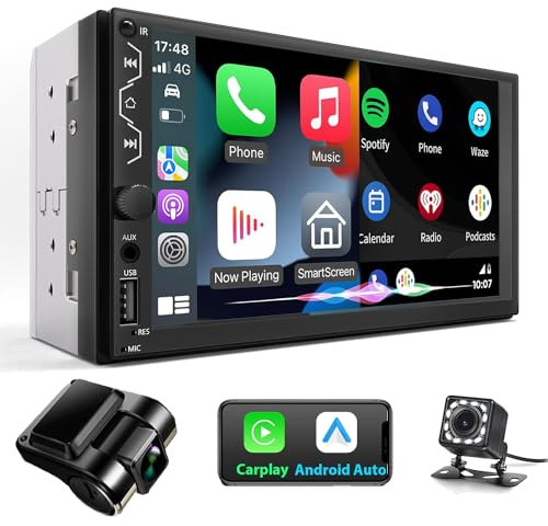 Double Din Car Stereo with Dash Cam,Compatible with Apple Carplay,Android Auto,7 inch Touch Screen Car Radio with Backup Camera Bluetooth Support Mirror Link Navigation FM Radio