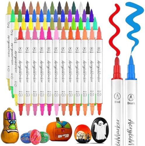 AOMEES 48 Farben 24 Stück Acrylic Paint Marker Stifte, Dual Tip Permanente Acrylmarker Stifte Permanente Wasserfeste Marker Stifte Set für Holz Rock Painting Glas Kiesel Stein Metall Keramik (48)