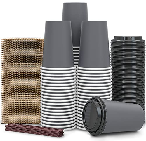 100 Pack - 12 oz Disposable Coffee Cups To Go with Lids Sleeves and Straws 100% Biodegradable & Compostable Pla Eco Friendly Paper Coffee Cups for Tea Coffee Hot Chocolate