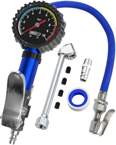 GERCHWAY Reifenfüller mit Manometer 0-10bar, Luftdruckprüfer für Kompressor | Reifendruckprüfer für Autos, 50-cm-Schlauch, 360°-Kopf, Gummi-Schutzgehäuse, Euro-Stecknippel, Entlüftung – Reifendruckfüller