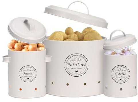 PAOORTS Gemüsedose Set mit Belüftungssystem, Metall Bauernhaus Küchenbehälter für Kartoffeln, Zwiebeln und Knoblauch zur Aufbewahrung & Organisation