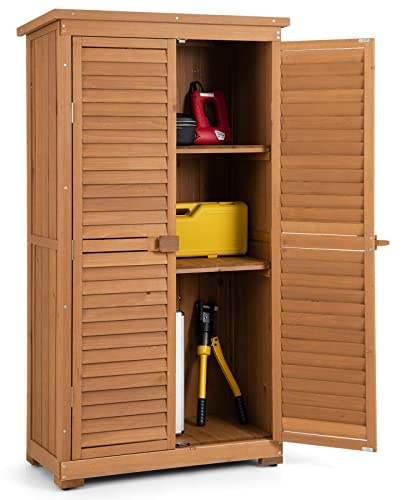 COSTWAY Abri de Jardin en Bois 160 Cm, Toit en Asphalte, 2 Portes Verrouillables avec Loquet, Armoire Cabane de Jardin Exterieur en Sapin Pré-Huilé, Imperméable, 3 Étagères Amovibles