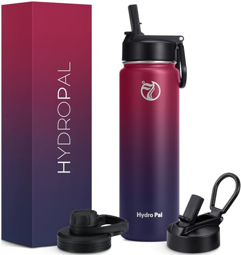 HydroPal Edelstahl Trinkflasche - 500ml/750ml/ 1L/ 1.2L, BPA-Frei, Kohlensäure geeignet, Isolierte flasche mit Strohhalm & 2 Deckel, Auslaufsichere Isolierflasche für Sport