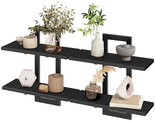 HOOBRO Schwebende Wandregale, 2-stufige Wandboard, Schweberegal 2er-Set, hängende Badezimmerregale, 38 cm Wandregale, für Wohnzimmer, Schlafzimmer, Küche, Schwarz EBK32BJ01