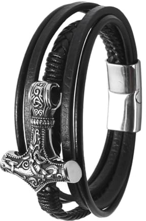 TQWSVUM Herren Wikinger Mjolnir Lederarmband - Nordischer Vintage Mehrschichtiger Geflochtener Odin Thors Hammer Armreif Aus Edelstahl - Wirstband Armbänder Mit Schnalle Und Verschluss(Silver_21CM)