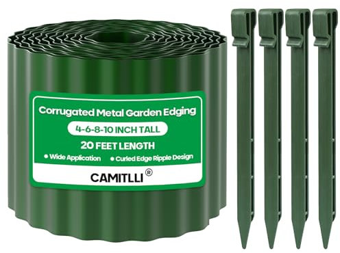 Camitlli Corrugated Metal Garden Edging,Sturdy Tall Landscape Edging Borders with 6pcs Anchor Stakes, Perfect DIY for Flower Beds, Lawn and Pathway,Tree Surrounds,Paver Edges (Green 10×20FT)