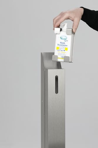 PROREGAL Robuster Handdesinfektionsspender mit Schloss | Bodenmontage | HxBxT 122x23x18cm | Edelstahl | Silber | Spender Desinfizieren