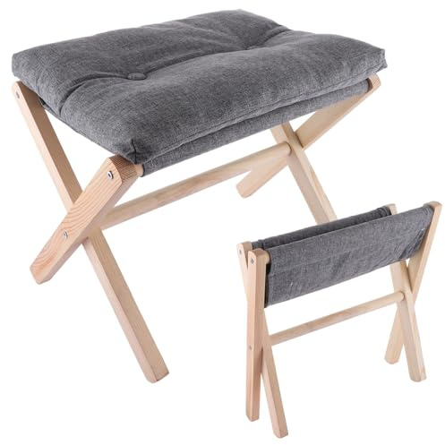 ASelected 40 Cm Height Footrest Stool Folding Wood Footstool Step Stool Foldable X Leg Footstool Small Changing Stool Ottoman Removable Soft Cushion for Living Room Bedroom Washable Dark Grey