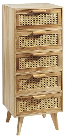 Kobolo Holzregal mit 5 Schubladen | 40x35x99 cm | braun | Kleiner Schubladenschrank aus Holz im Boho Vintage Look | dekorative Kommode & Beistellschrank für Schlafzimmer, Wohnzimmer oder Flur