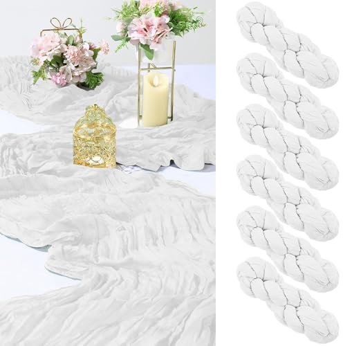 MUUKAIII 6 Pièces Chemins de Table en Blanc 90 x 300cm Boho Gaze Etamine à Fromage Chemin de Table Rustique en Gaze pour décoration de Table de Mariage, Décoration D'arche de Mariage, Fête