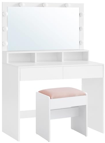 VASAGLE Kailyn Kollektion - Schminktisch mit Hocker, Frisiertisch mit Spiegel und LED-Leuchten, Kosmetiktisch, Schubladen und offene Fächer, Schrank mit 2 verstellbaren Ablagen, wolkenweiß RDT720W01 | Frisiertisch, 2 verstellbare Ablagen hinter der Tür, 2 Ablagen, wolkenweiß und pastellrosa