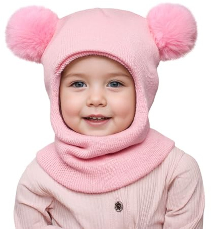 DRESHOW Cappello Passamontagna Bambino Inverno Bambini Cappello Invernali Calda Cappuccio con Morbido a Maglia Sciarpa con Pompom per Bambini Ragazzi Ragazze 1-6 Anni