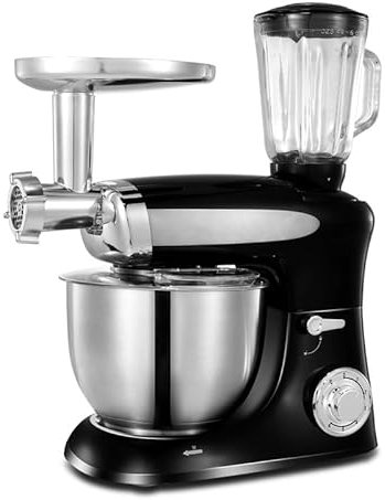 MRKU Robot da Cucina 5 in 1 con Supporto, 6 velocità, Ciotola in Acciaio Inox, Include tritacarne, spremiagrumi, Frusta a Filo, Frusta Piatta, Gancio per impastare, 6,5 Litri, 1300 W
