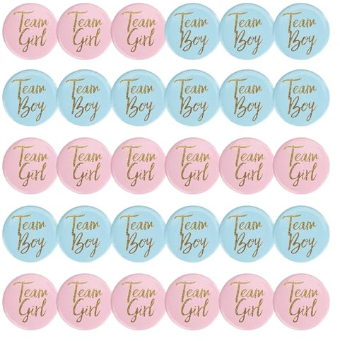 Lot de 30 badges révélateurs de sexe - 4,5 cm - Team Girl et Team Boy - Badge rond - Pour fête prénatale - Accessoire de décoration (bleu et rose), 4.5 cm, Plastique