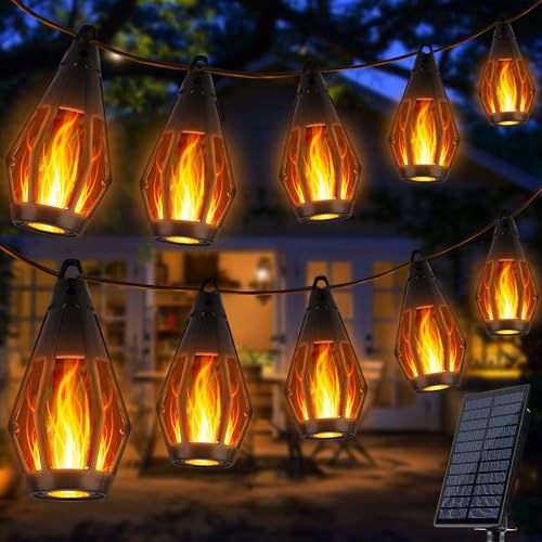 iBaycon Solar Flame Lights, 42Ft 15 LED Bulbs Flickering Flame String Light, Outdoor Waterproof Solar Flame Lights for Garden Yard Lawn Patio Decorations (Warm White)