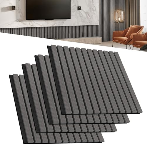 LZQ Akustikpaneele Echtholz Furnier 4er Set Wandverkleidung 60 x 60 cm Wandpaneele Lamellenwand Schalldämmung Holzpaneele Wand Akustikplatten Wanddekoration für Wohnzimmer Flur Büro (Anthrazit)