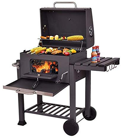Barbacoa de carbón de madera XL, carro de barbacoa, parrilla XL de carbón con tapa, ruedas y termómetro, ajustable en altura, gran barbacoa de carbón de madera, para camping y jardín, negro