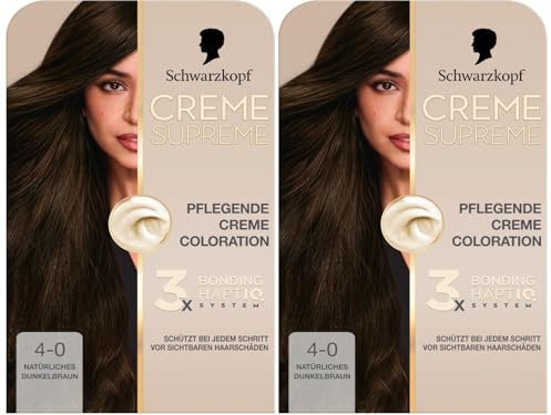 Schwarzkopf Creme Supreme Coloration 4-0 Natürliches Dunkelbraun (2x 182 ml), dauerhafte Haarfarbe mit Serum und Haar-Maske schützt vor sichtbaren Haarschäden, für 100% Grauabdeckung