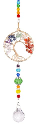 Sahoottie Hanging Crystals Sun Catcher for Windows Gold Round Bent Root Tree of Life Sun Catcher Wind Chime for Garden Bedroom Crystal Christmas Decorations Ornaments