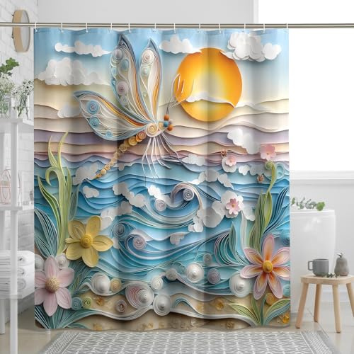 Paper Quilling Dragonfly Shower Curtain Set, Spring Summer Beach Insect Shower Curtain, Cool Bathroom Accessories, Printed Pattern Decorative -62 * 72