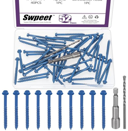 Swpeet 52Pcs 3/16 x 2-1/4 Slotted Hex Washer Head Concrete Screws Anchor with Hex Bit Socket and Drill Bit Assortment Kit, Self Tapping Cement Screws for Anchoring to Masonry Block Brick Stucco