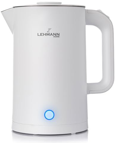 LEHMANN Bollitore Elettrico in Acciaio Inox, 1,7L, 2200W, Riscaldamento Rapido, Design a Doppia Parete, Base Girevole 360°, Spegnimento Automatico, BPA-free, per Tè, Caffè, Pappe, Biancoo