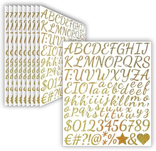 10 Blätter Glitzer Buchstaben Aufkleber (2.5 cm),1050 Stücke Selbstklebende Aufkleber Vinyl Buchstaben Zahlen,Wasserfester Sticker für Postfach,Scrapbooking,Adressnummer,DIY Handwerk (Gold)