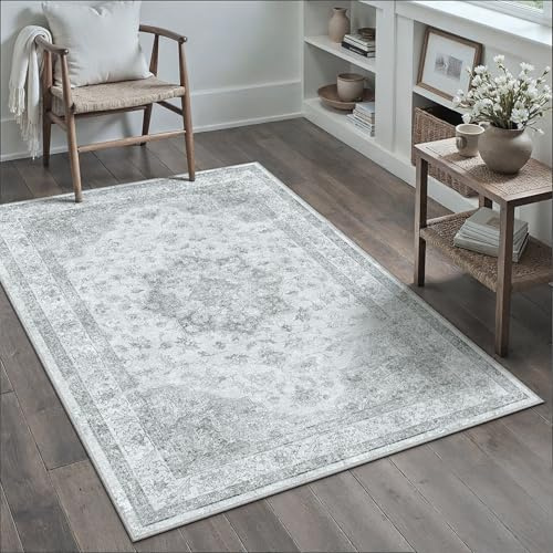 PureCozy Vintage Grauer Teppich Wohnzimmer 80x150cm Schlafzimmer Wohnzimmerteppich Boho Waschbarer Carpet Weich rutschfest Teppiche Esszimmer Büro Kurzflor Groß Tepich
