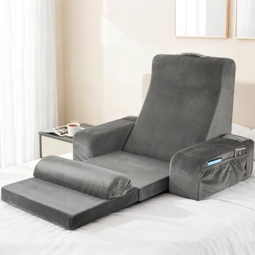 Hoyiyobi Groß Lesekissen mit Abnehmbarer Rückenkissen Bett, Ergonomisches Rückenkissen Rückenlehne Kopfkissen mit Arm & Tasche & waschbarem Bezug für Lesekissen zum Lesen, Fernsehen (Grau)
