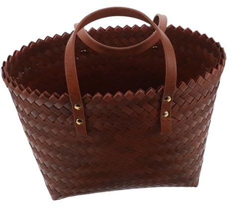 AKOOSY Vävd damhandväska i plast med handtag i konstläder elegant vävd korg för strand och sommarshopping