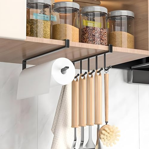 Kisstta 3 Stück Organizer Küche mit 3 Klebeschraube, Tassenhalter Ohne Bohren,Schlüsselbrett,Hakenleiste Küche,Tassenregal für Küchenutensilie Krawatten Gürtel Schal Papierrollen (schwarz)