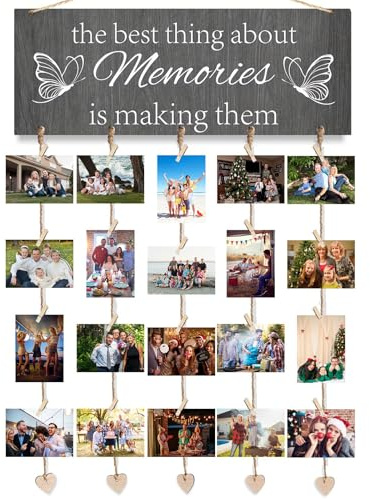 pclapora Fotowand mit Klammern, DIY Fotowand Fotogirlande, Bilderrahmen Collage Holzschild mit 20 Holzklammern Klein und 6 Hanf Seile, Fotos Aufhängen für Geburtstag, Hochzeit, Weihnachten, Party