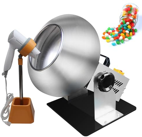 FHRKA Commercial Sugar Coating Machine with Blower & Stand, Chocolate Coating Polishing Machine - Tilt Angle Adjustable, 1-3 Kg/Time Output