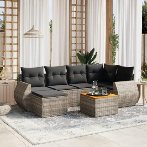 HETFTJN 7-teiliges Balkonmöbel-Set Grau 62x62x69 cm Poly-Rattan Gartenmöbel Lounge modular mit Akazienholztisch platzsparend für kleine Terrasse Garten oder Balkon
