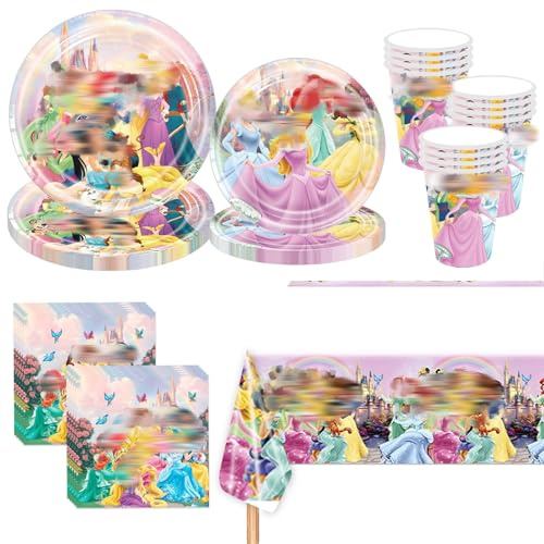 Prinzessin Partygeschirr Geburtstag, 81 Stück Party Geschirr Deko Set, Partygeschirr Kindergeburtstag Enthalten Teller Pappbecher Servietten Rosa Tischdecken, Prinzessinnen Deko Geburtstag Mädchen