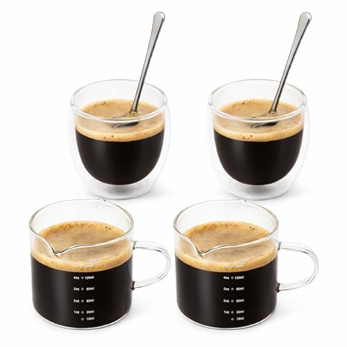 Modinest Espresso Cups Set, 150ML Glass Coffee Cup Set - 4 Glass Coffee Cups & 2 Matching Spoons, Double Wall Glass Cups, Clear Espresso Shot Glasses for Latte Cappuccino, Coffee Machine Accessories