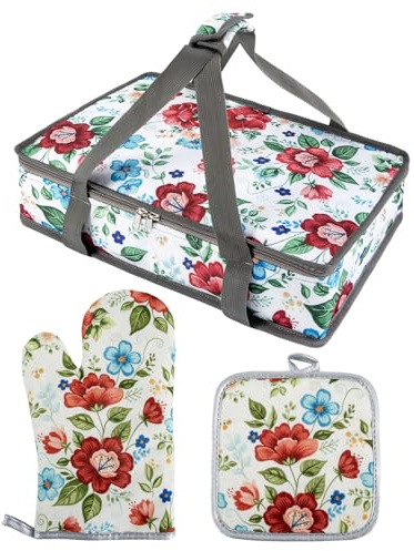 Pioneer Woman Style Insulated Casserole Carrier for Hot or Cold Food, Fits 9x13 Baking Dish, Thermal Lasagna Lugger with Oven Mitts and Pot Holders Set, Floral Kitchen Accessories for Potluck 3 PCS