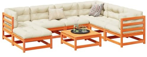 Ensemble de jardin en pin massif de 8 pièces avec coussins, meubles de patio modulaires en bronze cireux pour une assise confortable et une ventilation