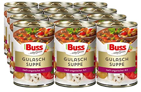 Buss Klassische Suppen - Herzhafte Gulaschsuppe mit Rindergulasch - Suppe ungarischer Art mit Paprika, Champignons & Zwiebeln - Schnelle Fertiggerichte zum Aufwärmen in Mikrowelle & Topf - 12 x 400g